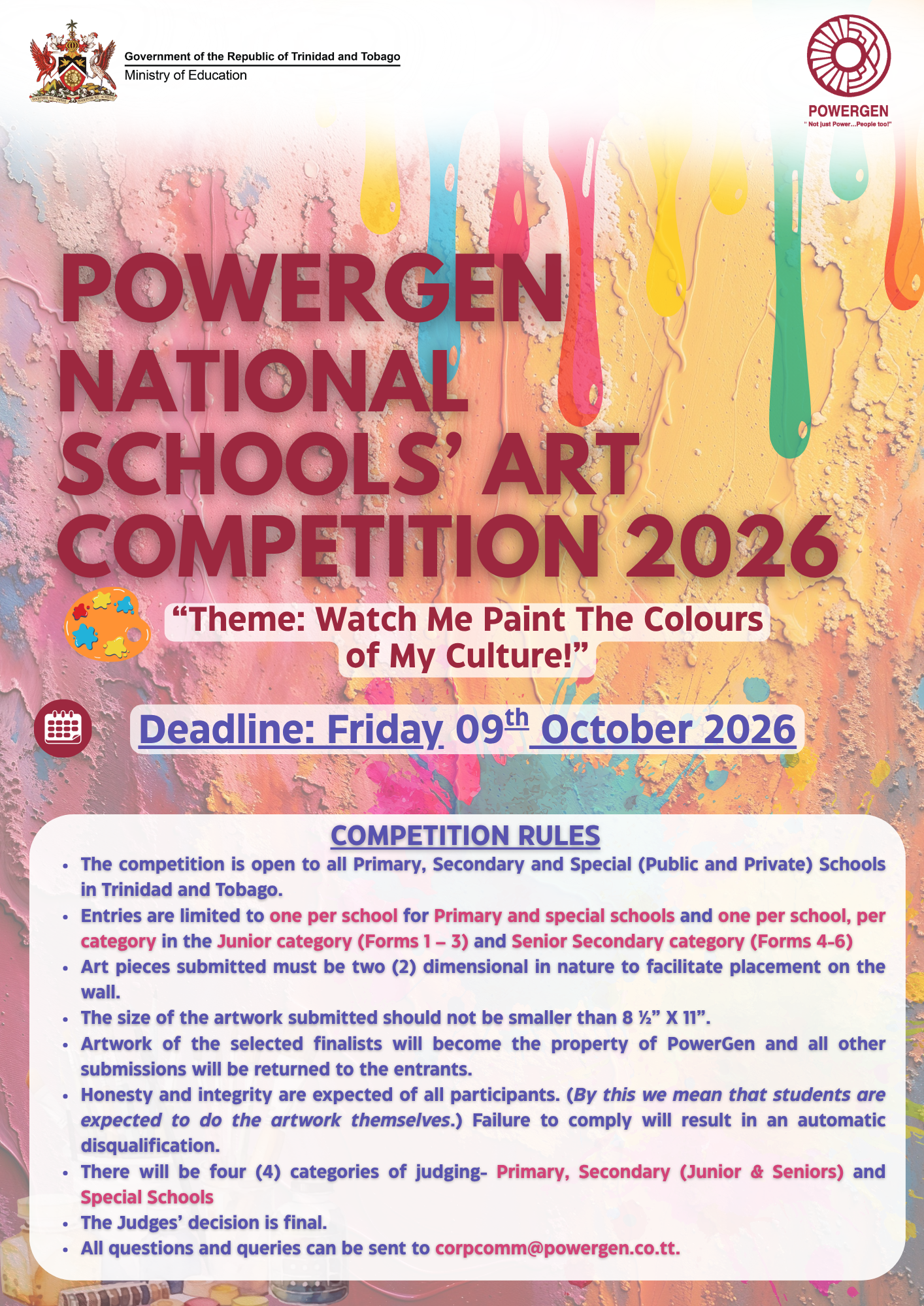 PowerGen National Schools' Art Competition 2026 poster — deadline Friday 09 October 2026.