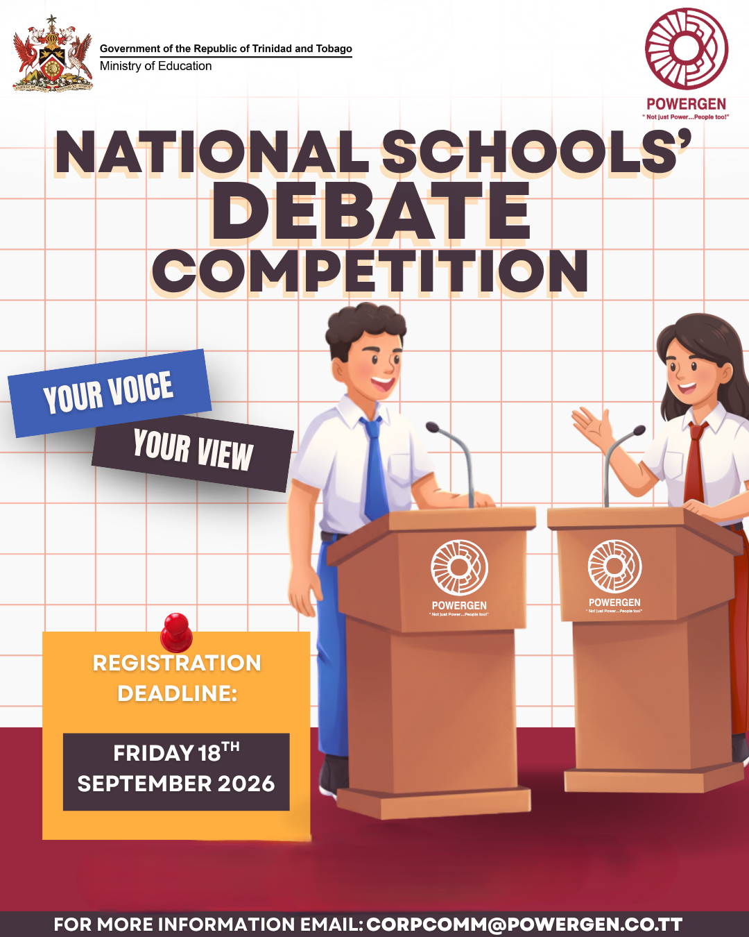 PowerGen National Schools' Debate Competition 2026 flyer — Your Voice, Your View. Registration deadline Friday 18th September 2026.